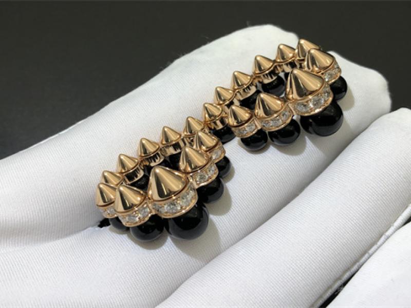 Circular earrings, onyx, oversized, set with diamonds in 18K rose gold