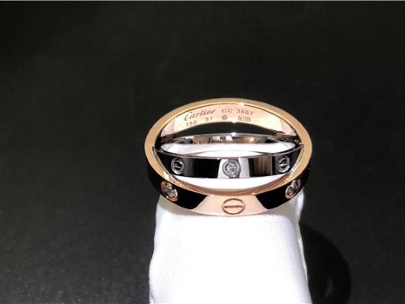 Custom LOVE Ring, set with 6 diamonds 18K white gold, 18K rose gold