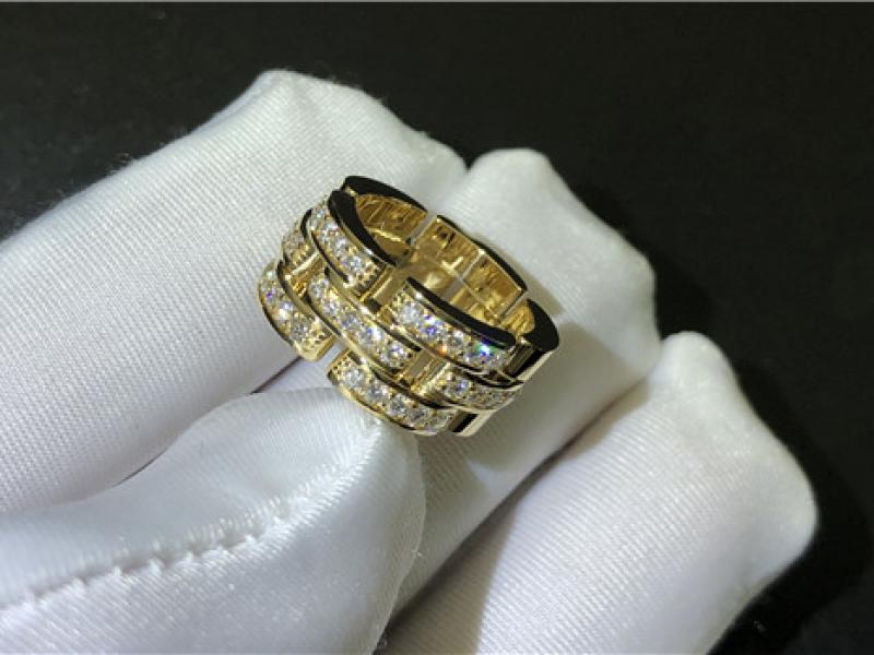 Custom Maillon Panthere three-row ring, half set with diamond 18K gold